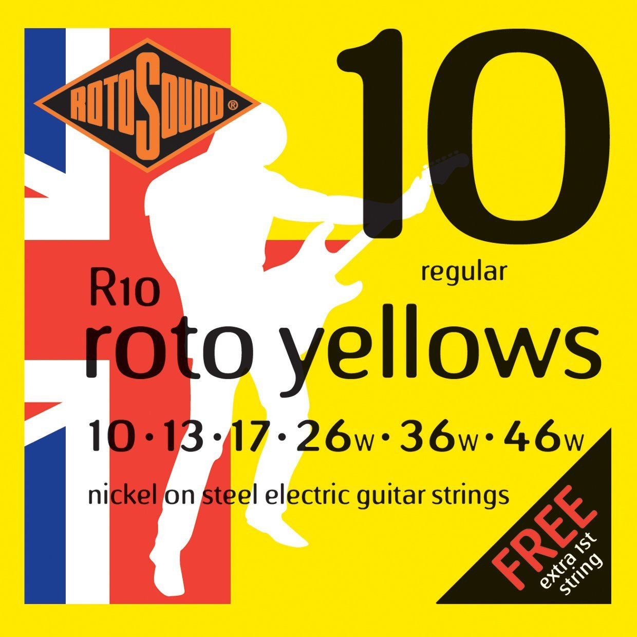 Rotosound R10 Roto Yellows Nickel On Steel Electric Guitar Strings - .010-.046 Regular