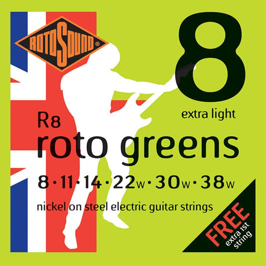 Rotosound R8 Roto Greens Nickel On Steel Electric Guitar Strings - .008-.038 Extra Light